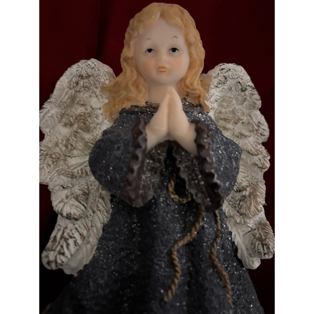 10" Praying Angel Figurine Blue Gray Glitter Robe Kirkland Holiday 2003 In Box